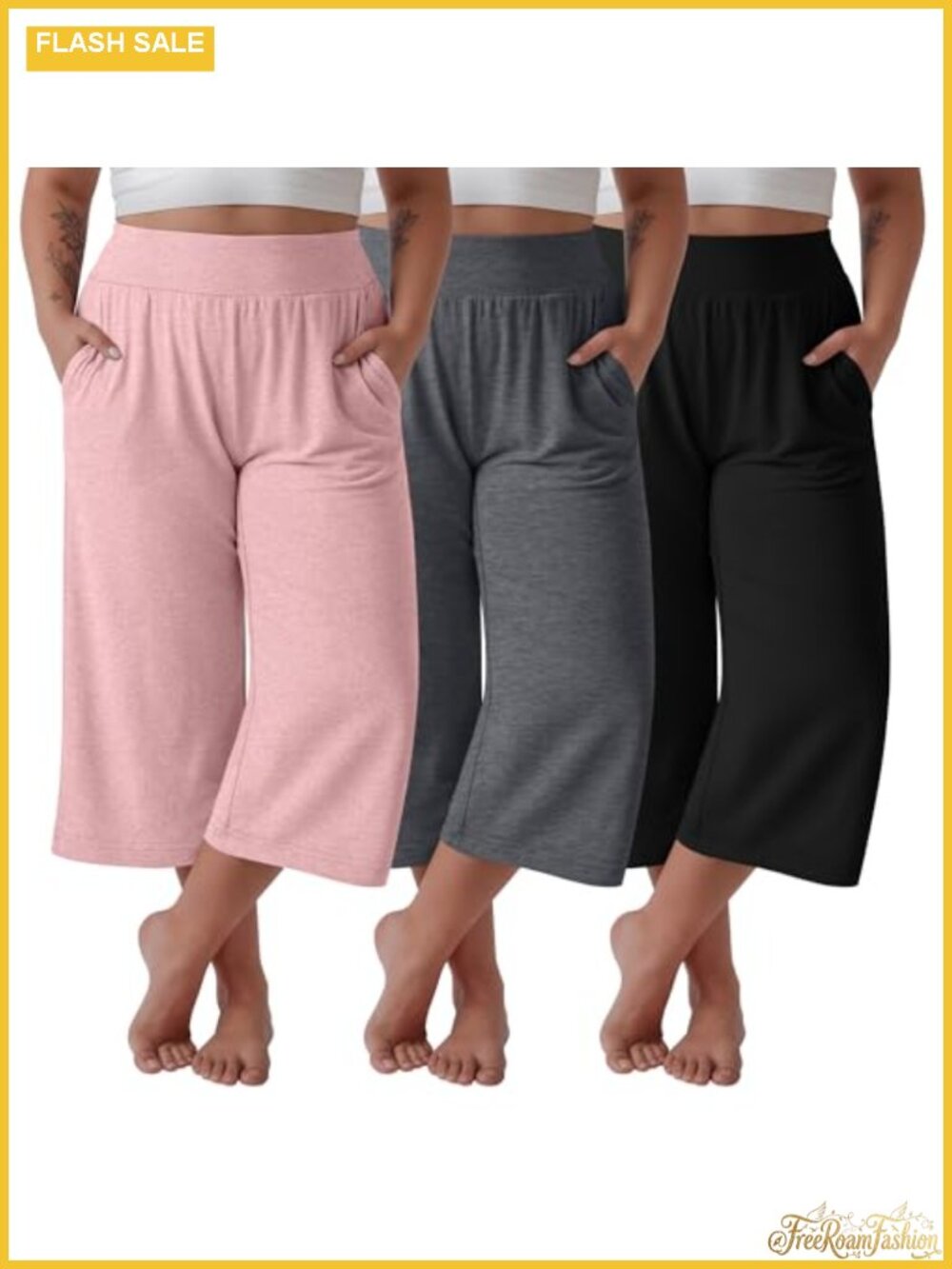 Women's Plus Size Capri Sweatpants 3 Pack High Waist Pockets Soft Stretch